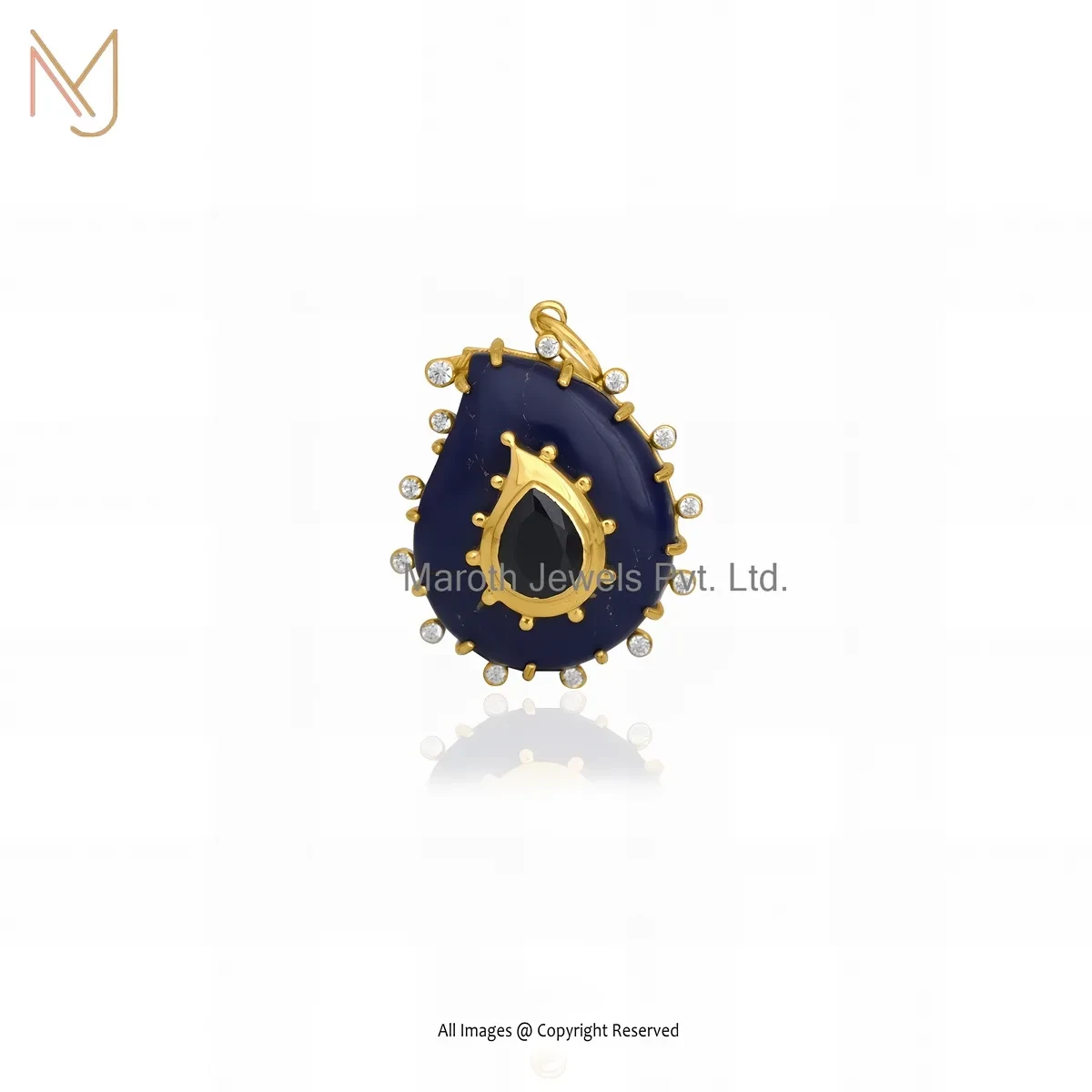 Wholesale 925 Silver Yellow Gold Plated Cubic Zircon & Lapiz Lazuli Gemstone Drop Pendant