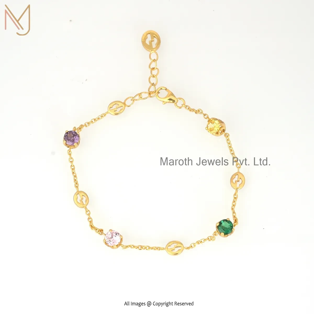 14K Yellow Gold Diamond & Multi Cubic Zircon Gemstone Charm Bracelet USA