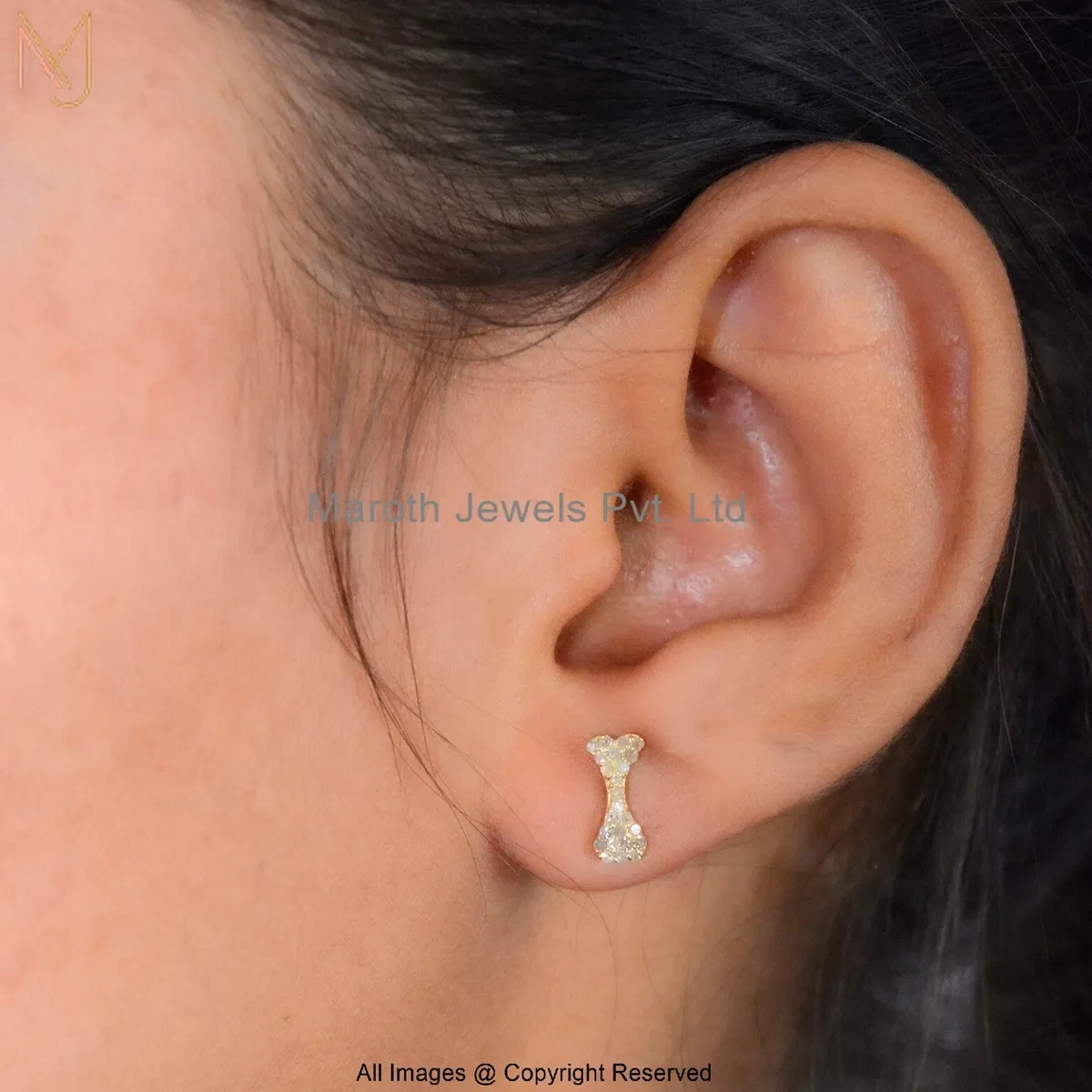14K Yellow Gold Diamond Dog Bone Stud Earring Custom Jewelry
