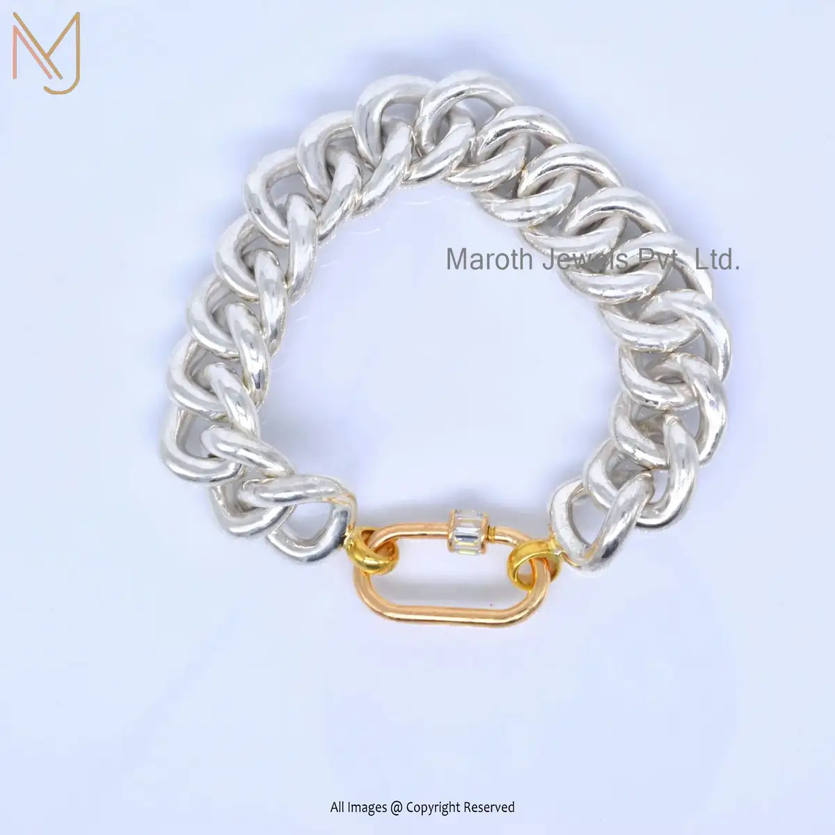 925 Silver White Gold & Yellow Gold Chain Baguettes White Topaz Gemstone Carabiner Lock Bracelet Manufacturer