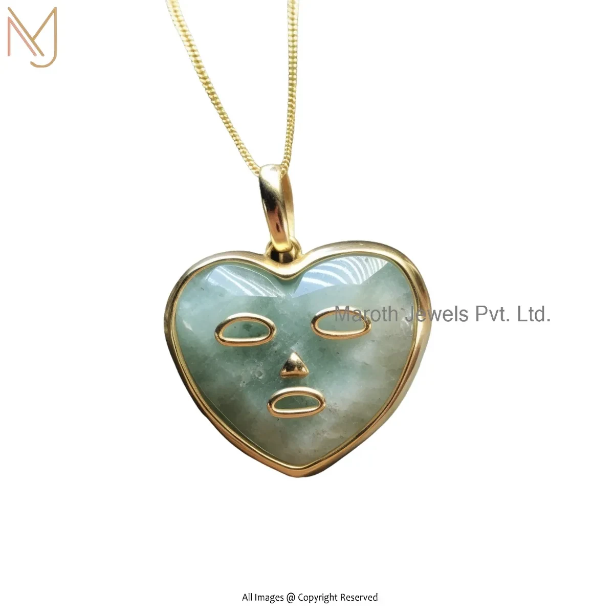 14K Yellow Gold Amazonite Heart Face Pendant Custom Jewelry
