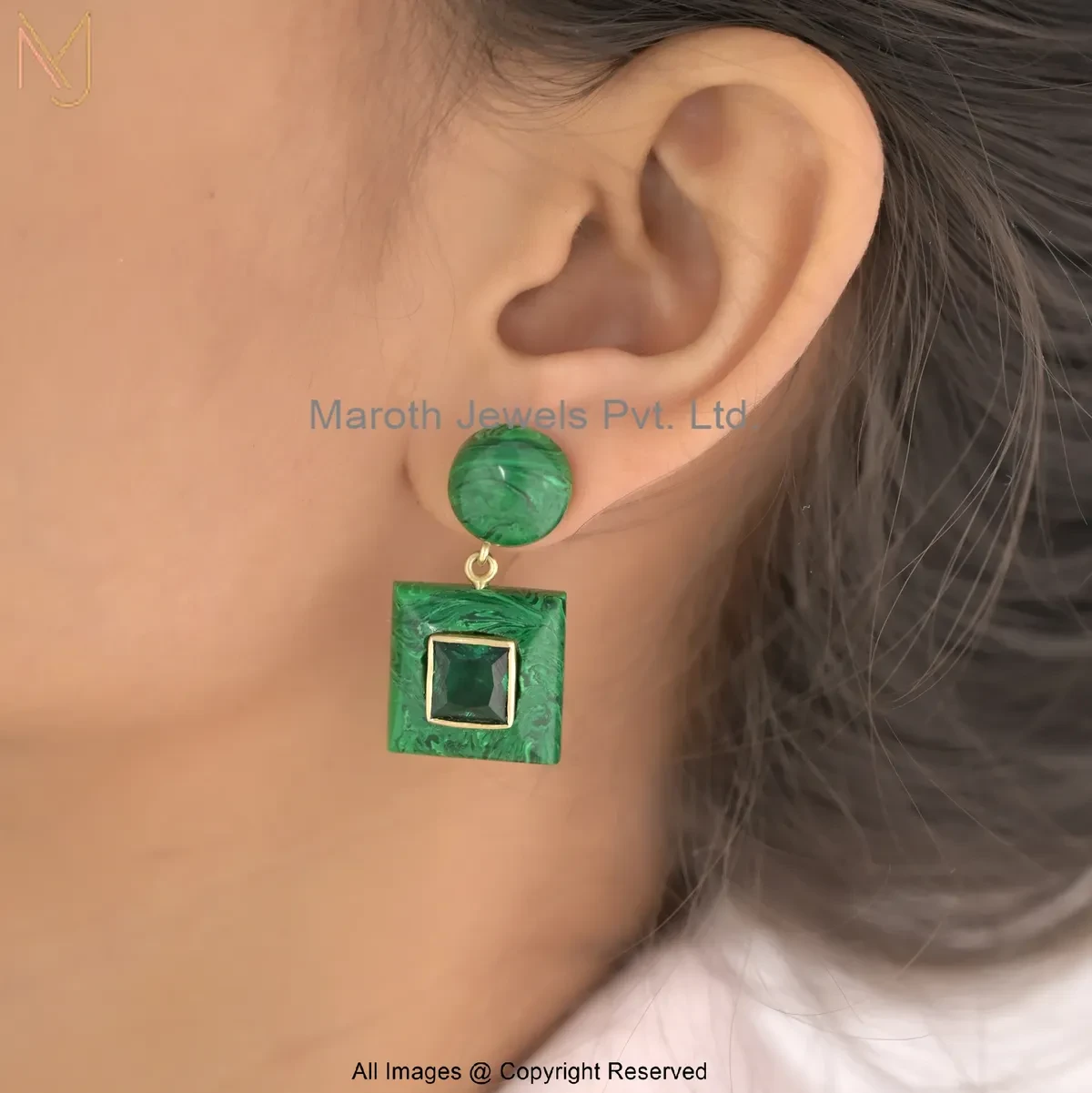 14K Yellow Gold Green Cubic Zircon Malachite Gemstone Square Drop Earrings USA