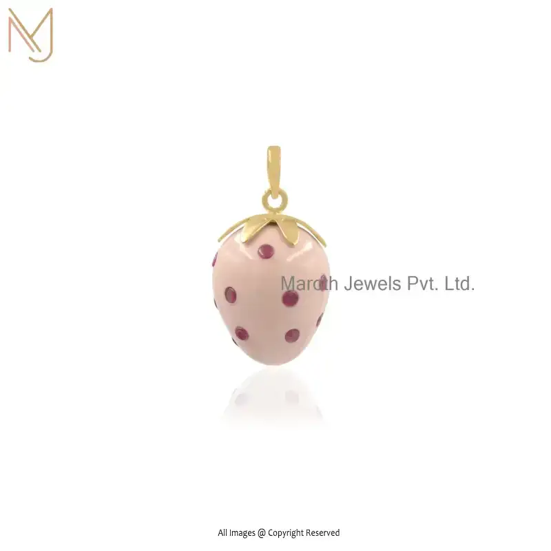 Wholesale 14K Yellow Gold Pink Opal & Garnets Gemstone Strawberry Pendant