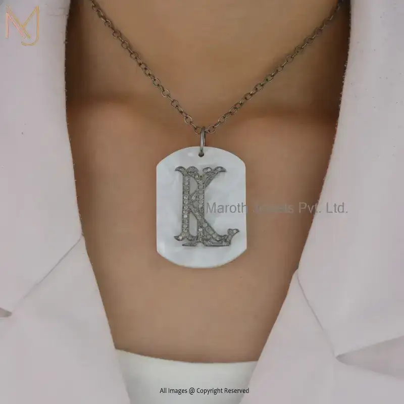 14K Yellow Gold Mother OF Pearl & Cubic Zircon Monogram Pendant Custom Jewelry