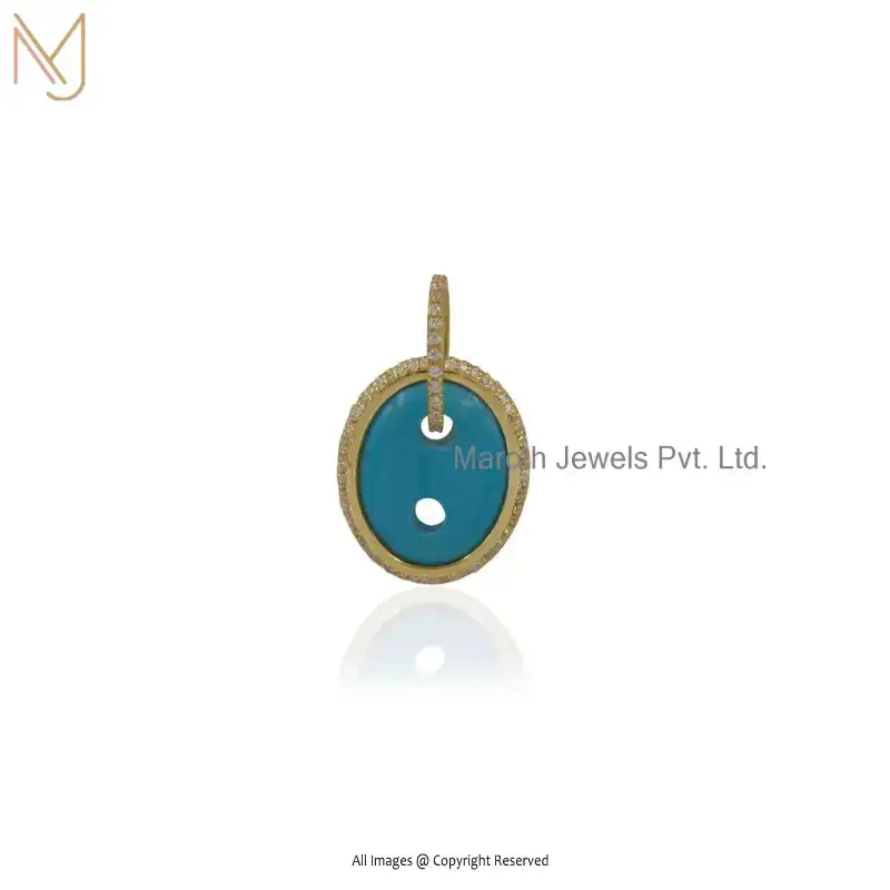 14K Yellow Gold Turquoise & Cubic Zircon Mariner Diamond Link Charm Custom Jewelry