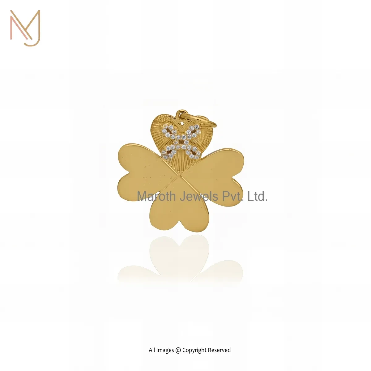 Private Lable 925 Silver Yellow Gold Plated Diamond & Cubic Zircon Heart Leaf Charm Pendant