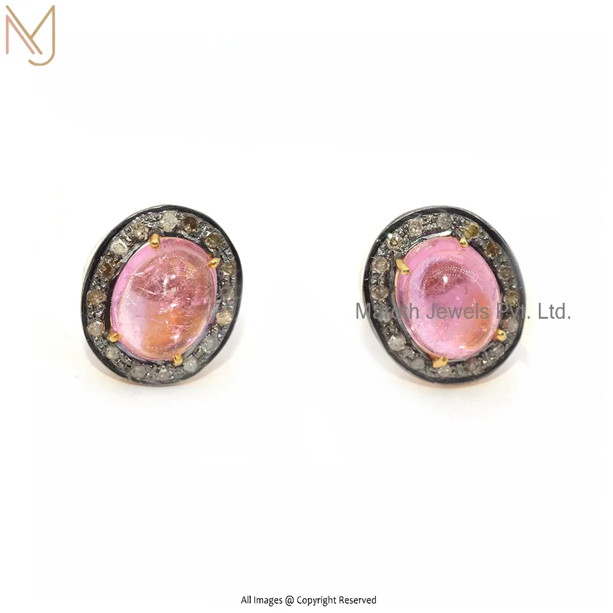 14K Yellow Gold Pave Diamond Pink Sapphire Gemstone Stud Earring Manufacturer