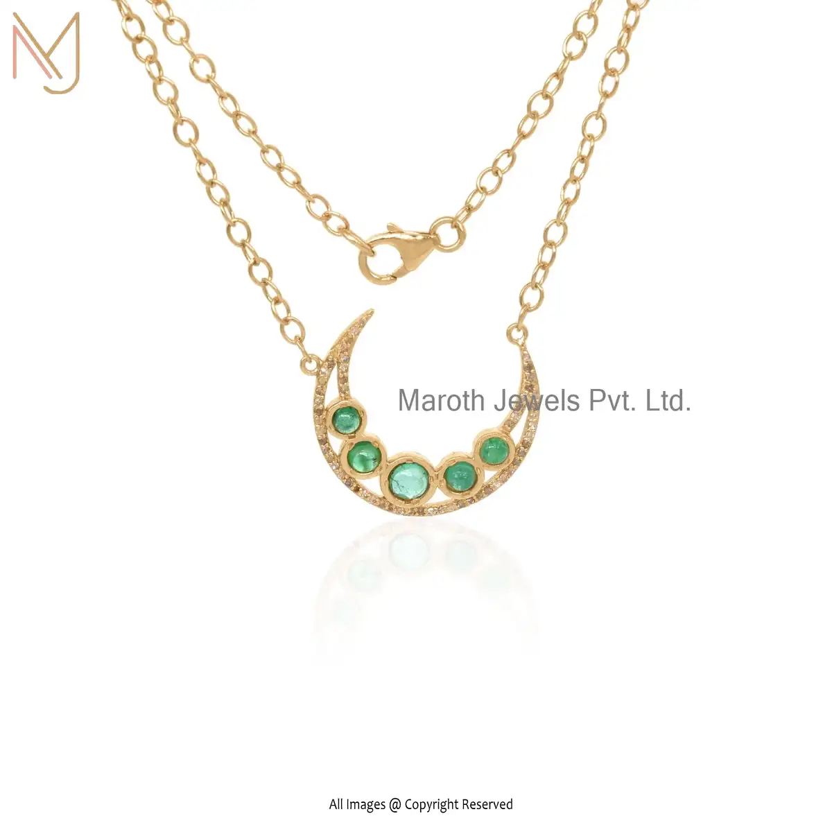 925 Silver White Gold Plated Diamond And Emerald Gemstone Moon Pendant Necklace Custom Jewelry