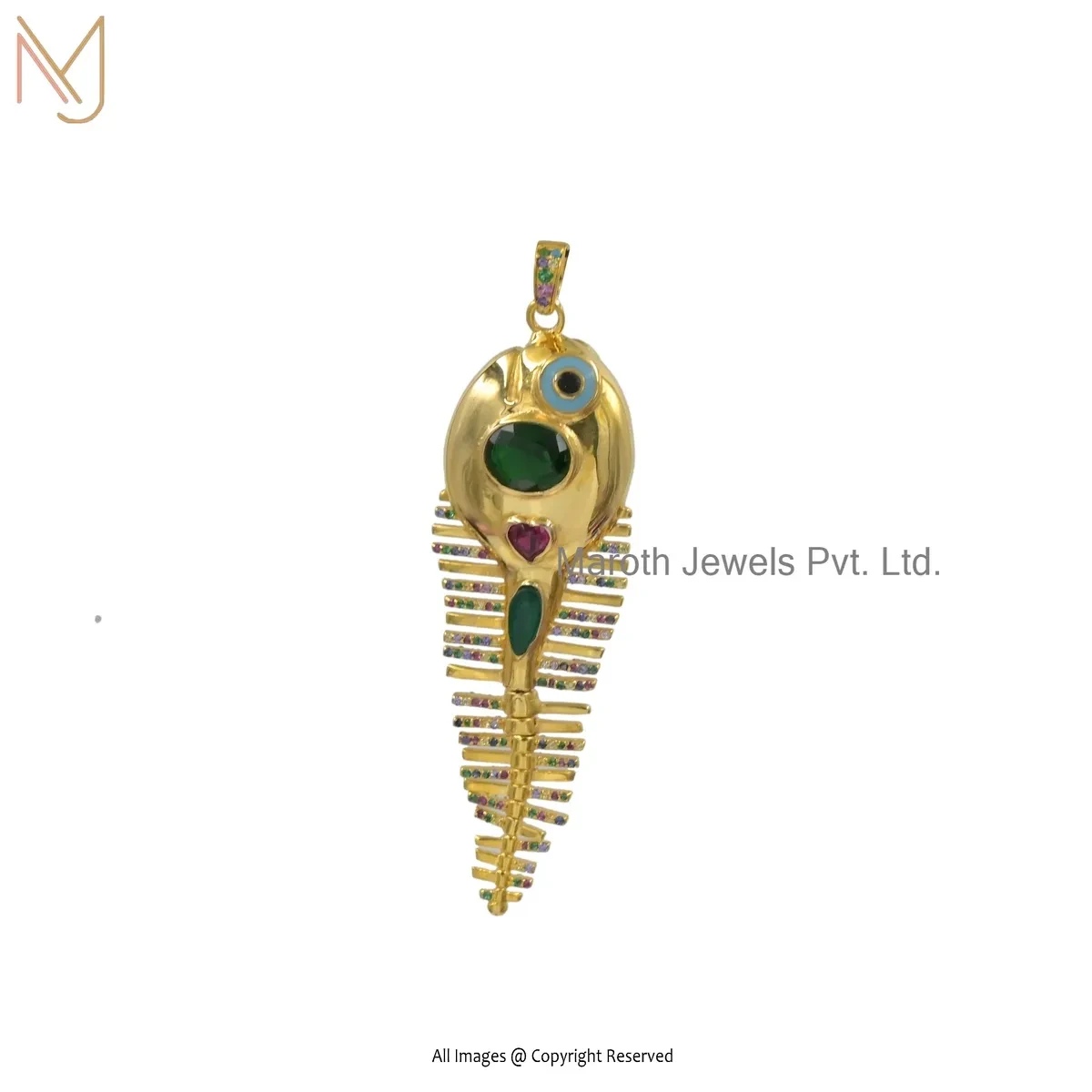 925 Silver Yellow Gold Plated Multi Gemstone Fish Pendant Custom Jewelry