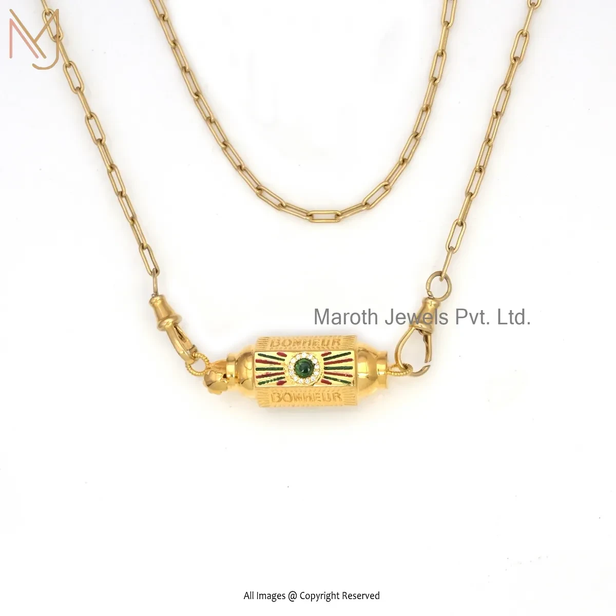 14K Yellow Gold Cubic Zircon & Enamel Amulet Charm Pendant Custom Jewelry