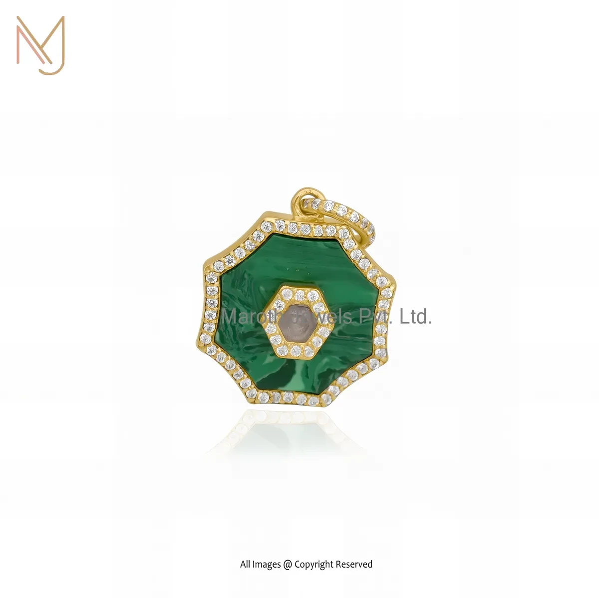 925 Sterling Silver Yellow Gold Plated Malachite And CZ Amethyst Gemstone Octagon Pendant USA