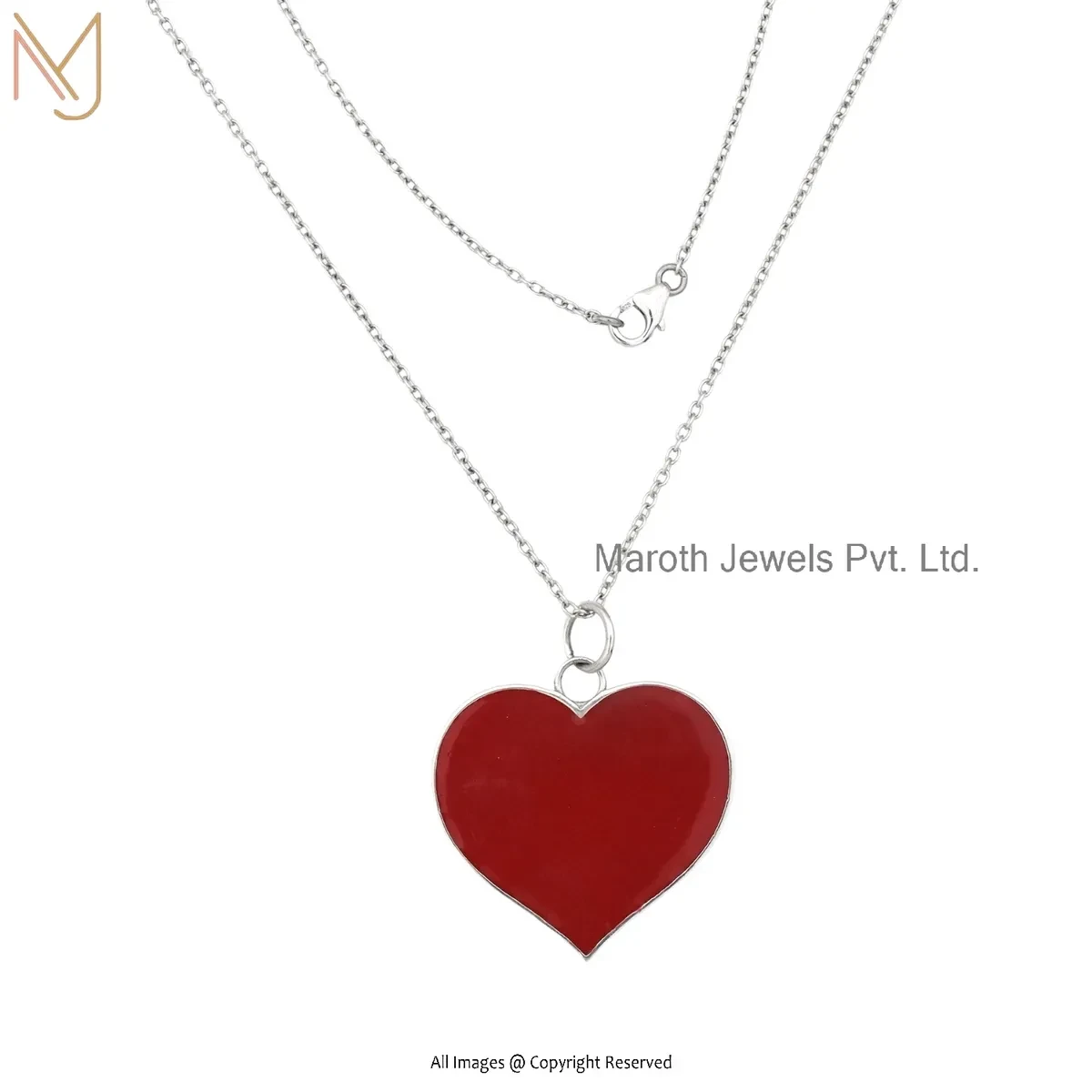 14K White Gold Red Enamel Heart Necklace Jewelry Supplier