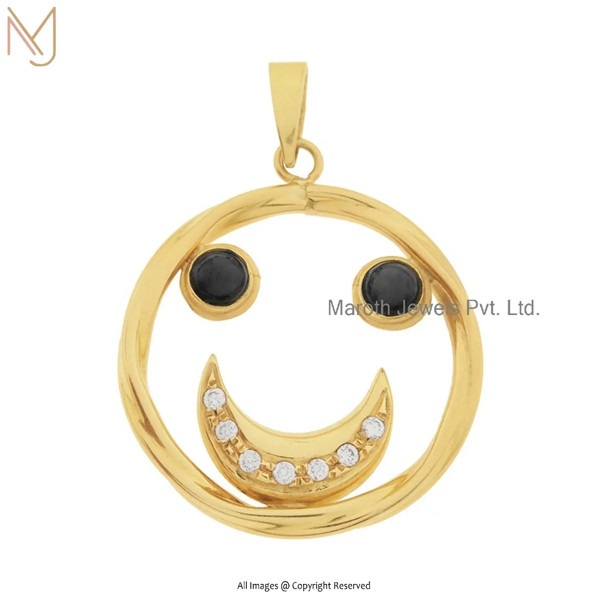 Wholesale 925 Silver Yellow Gold Plated Pave Diamond & Black Onyx Emoji Smiley Face Pendant
