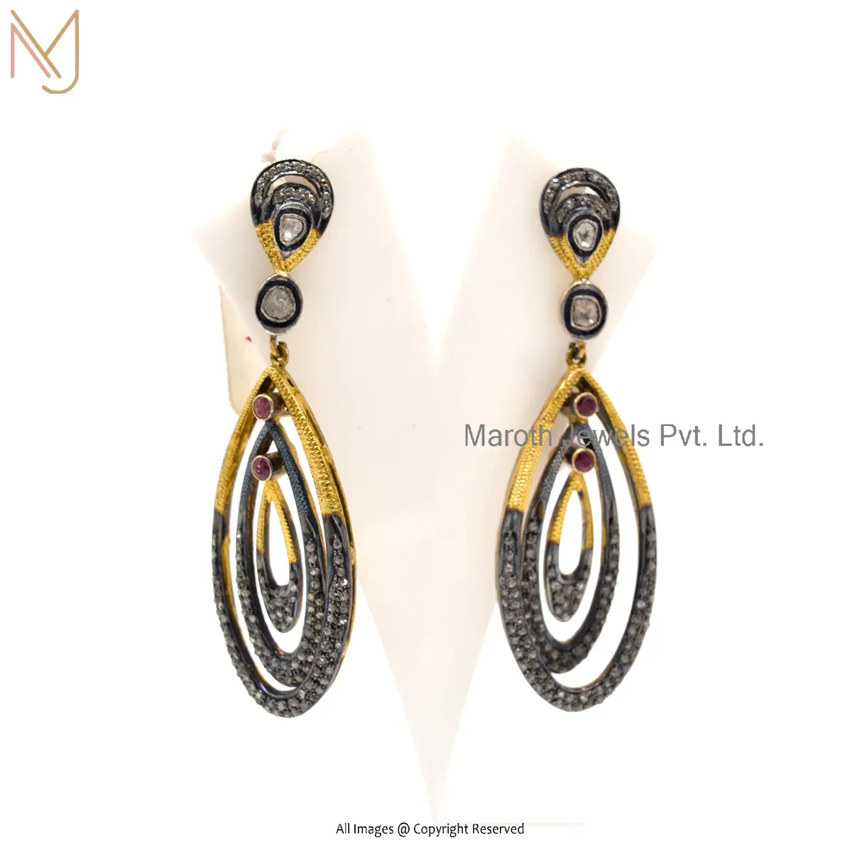 925 Silver Yellow Gold Rhodium Plated Pave Diamond , Rose Cut Polki Diamond , Ruby Gemstone Drop Dangle Earring USA