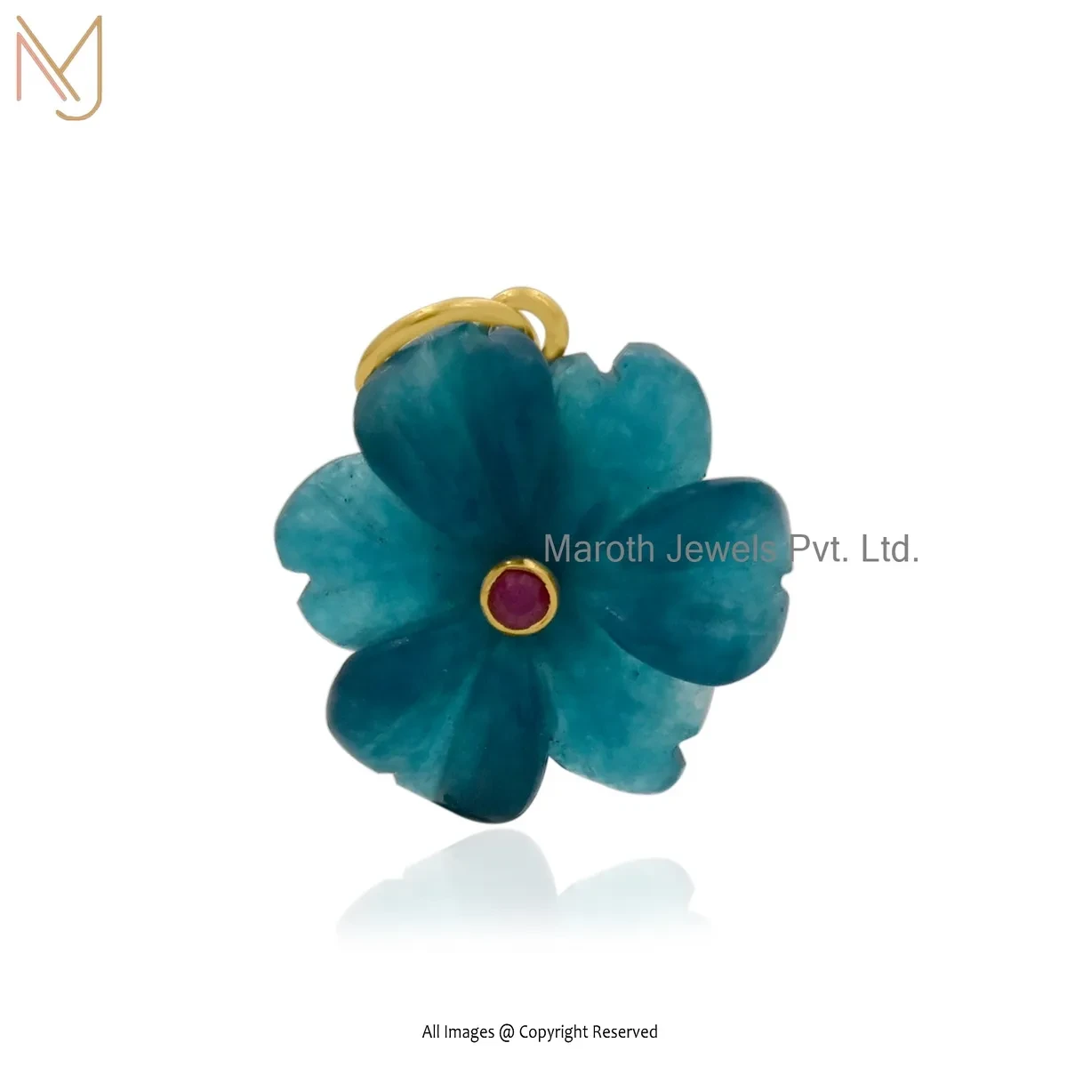 Private Lable 14K Yellow Gold Blue Quartz & Ruby Cubic Zircon Flower Pendant