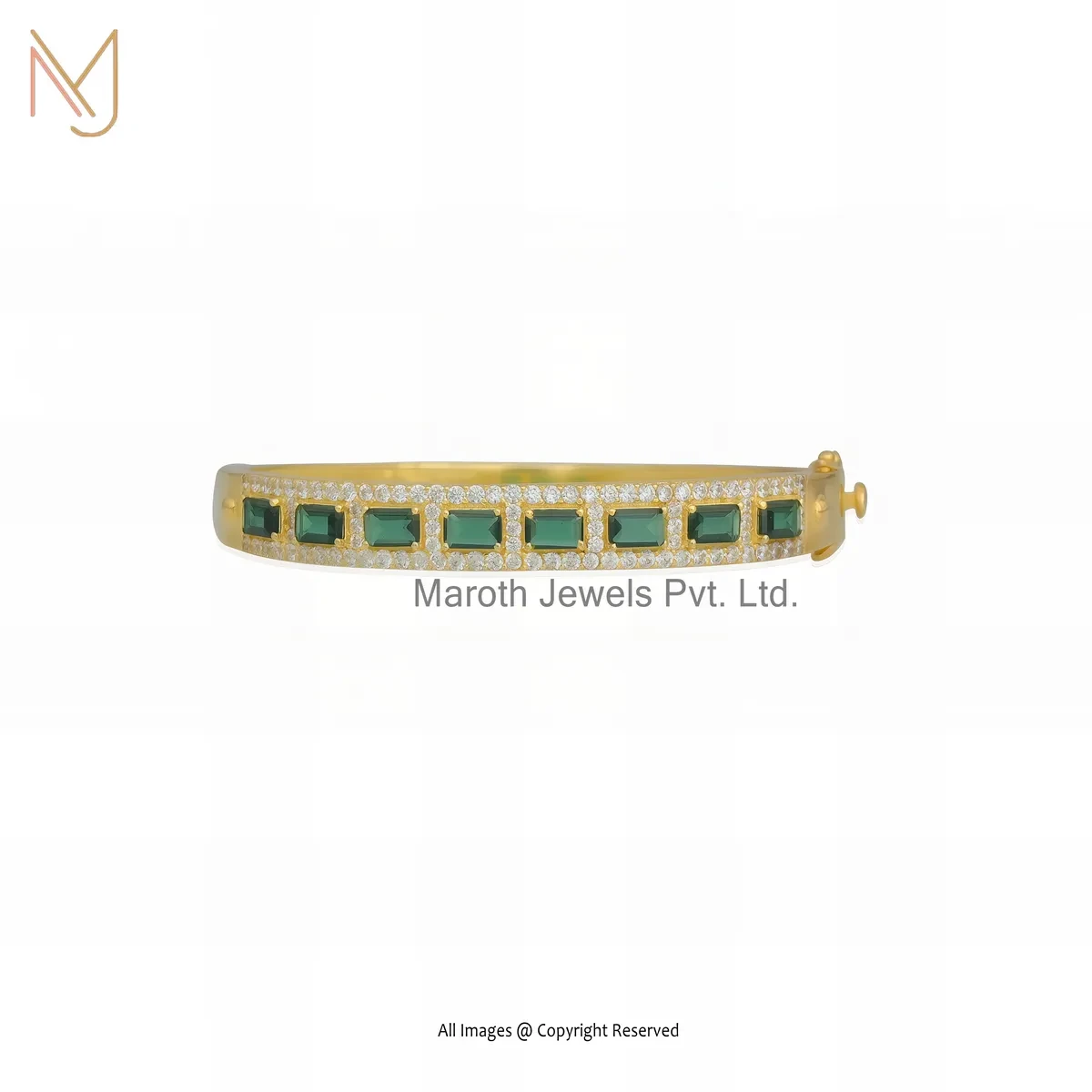 Private Lable 14K Yellow Gold Cubic Zircon And Emerald Baguette Bracelet