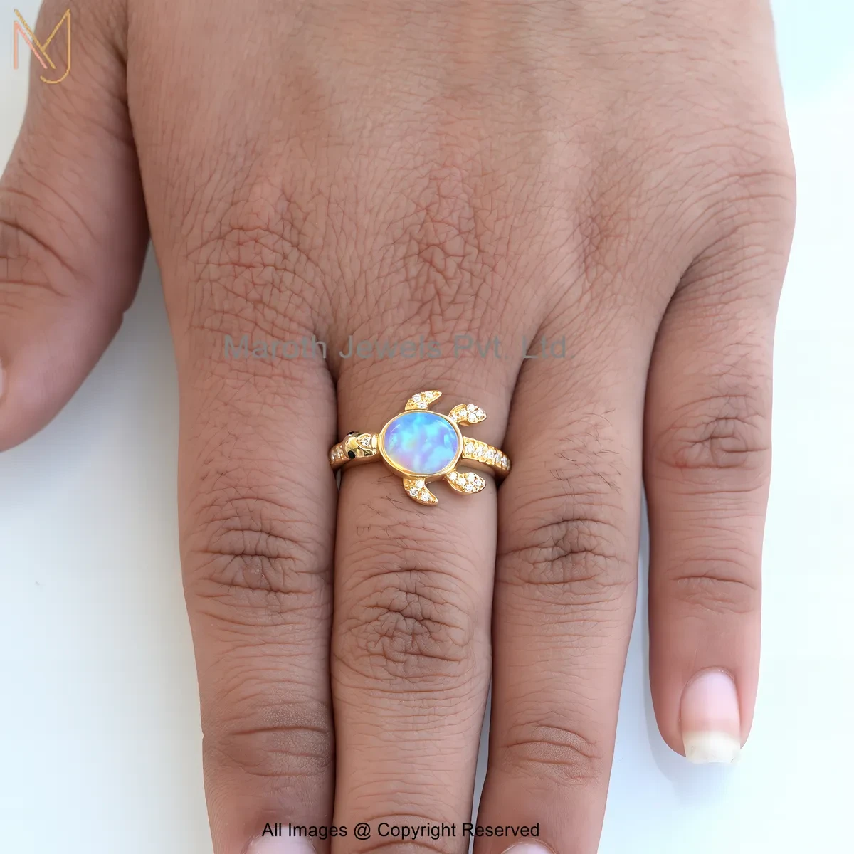 14K White Gold Moissanite And Ethiopian Opal Sea Turtle Ring Manufacturer