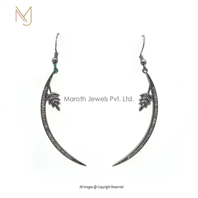 925 Silver Rhodium Plated Pave Diamond Dangle Crescent Moon & Leaf Earring Jewelry Supplier