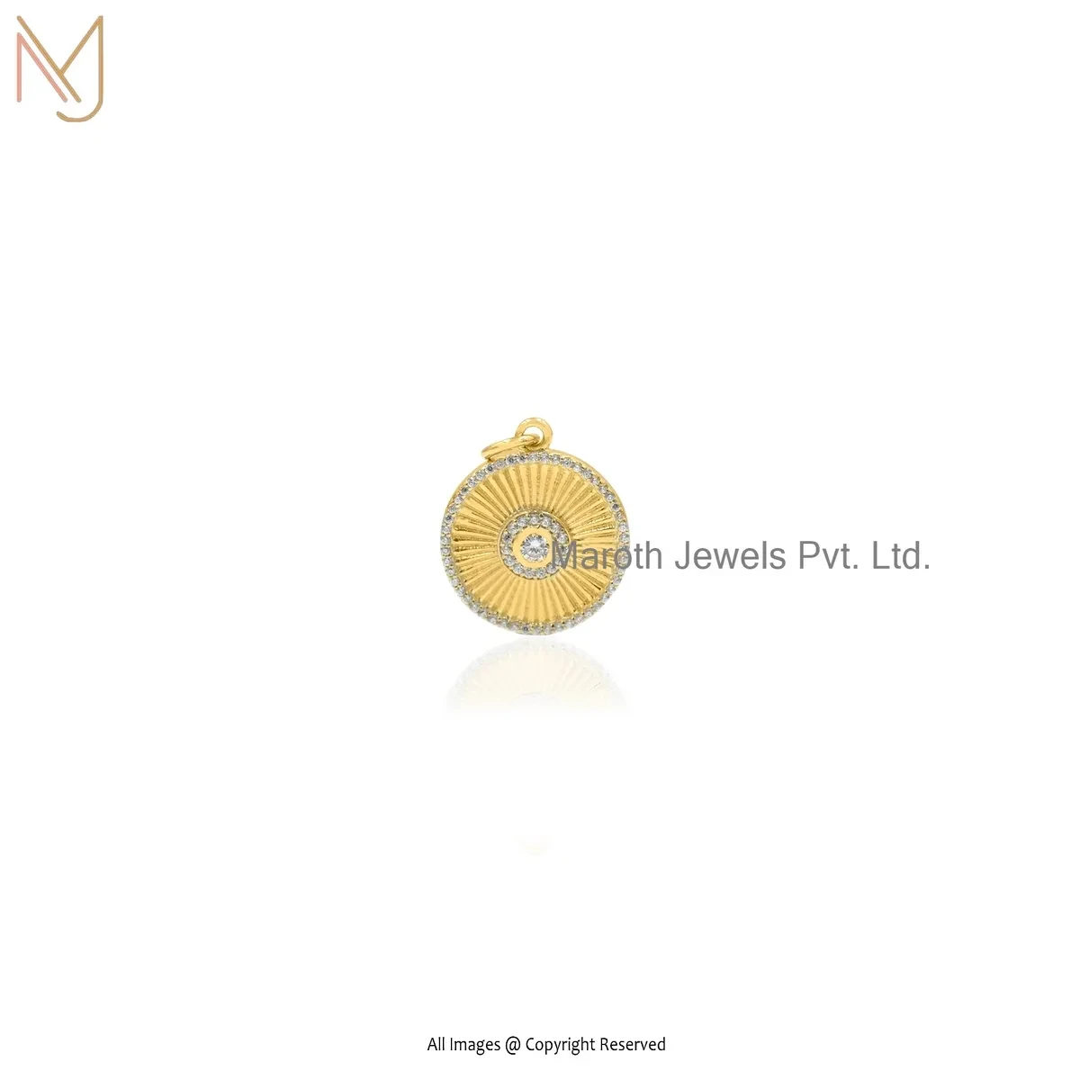 925 Silver Yellow Gold Plated Cubic Zircon Fluted Disc Pendant Custom Jewelry