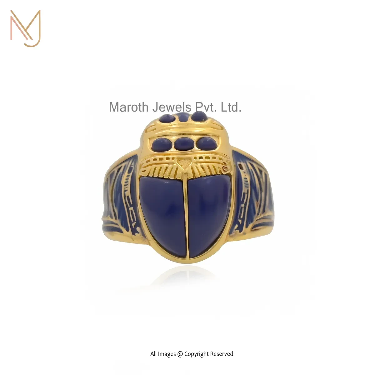 Private Lable 925 Silver Yellow Gold Plated Lapiz Lazuli And Blue Enamel Scarab Ring