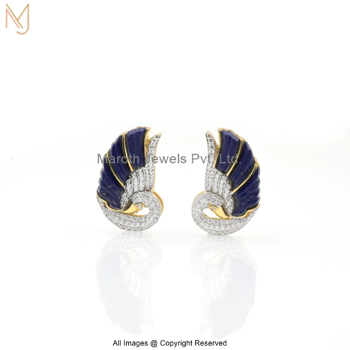 Private Lable 14K Yellow Gold Diamond Cubic Zircon Lapiz Lazuli Royal Blue Feather Diamond Earring