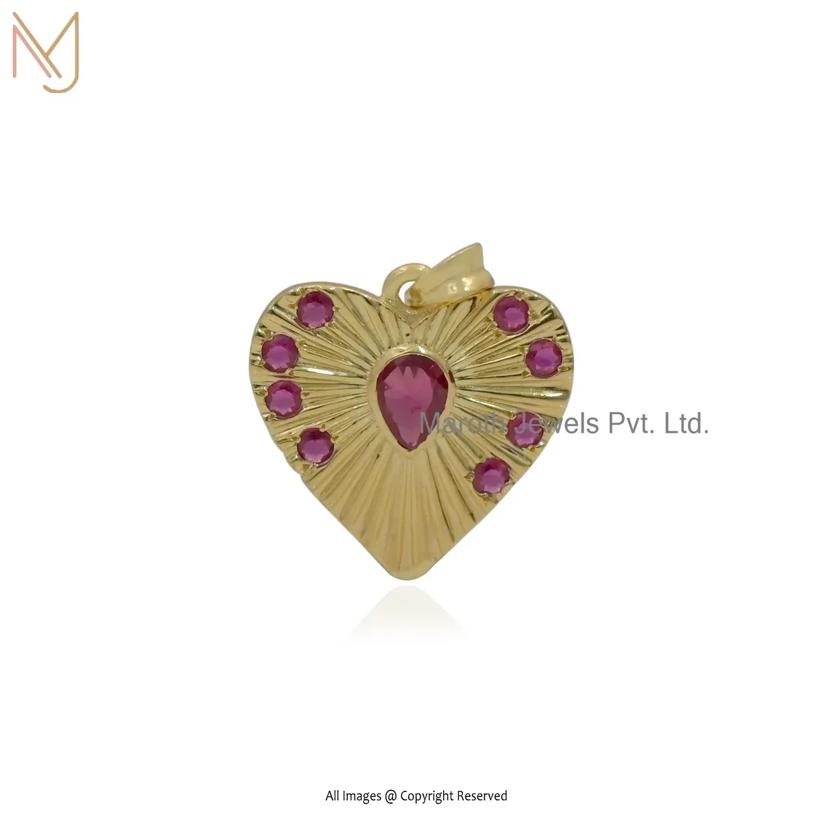 925 Silver Yellow Gold Plated Ruby Cubic Zircon Fluted Heart Pendant Custom Jewelry