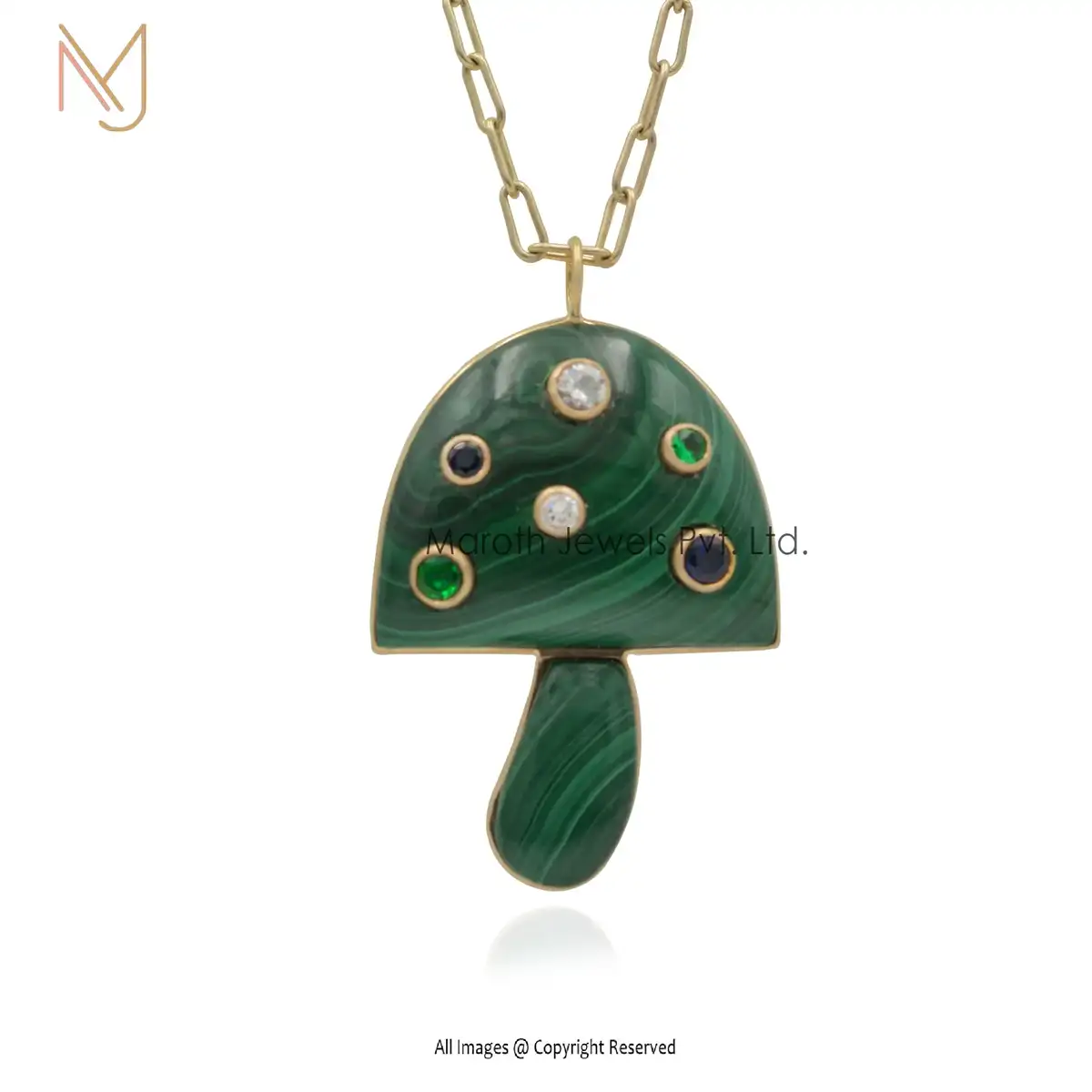 14K Yellow Gold Big & Small Stone Malachite Or Round Mixed Blue Green White CZ Mushroom Pendant Manufacturer