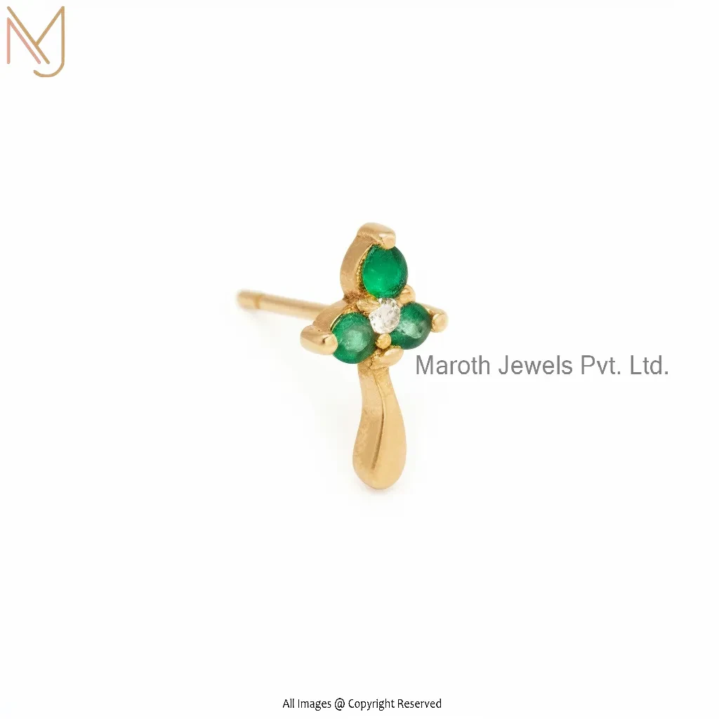 14K Yellow Gold Moissanite And Emerald Round Cut Design Piercing Custom Jewelry