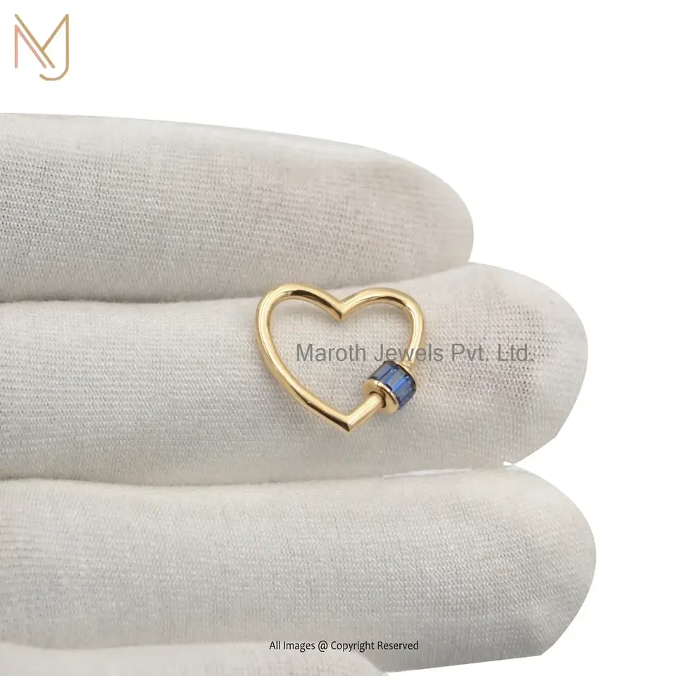 Wholesale 14K Yellow Gold Blue Sapphire Baguette Heart Carabiner Lock