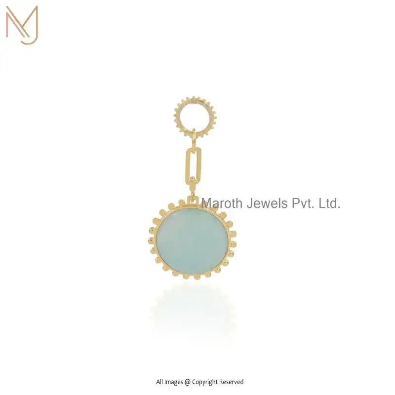 14K Yellow Gold Amazonite & Cubic Zircon Gemstone Brass Charm Pendant USA