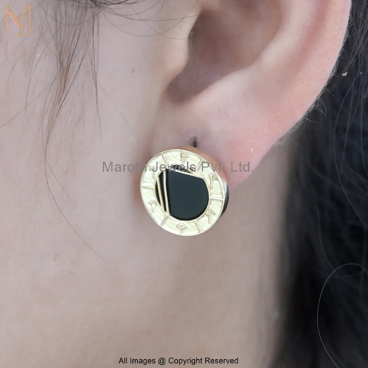 925 Silver Yellow Gold Plated Black Onyx Gemstone Gold Finish Black Inlay Engraved Disc Stud Earrings USA