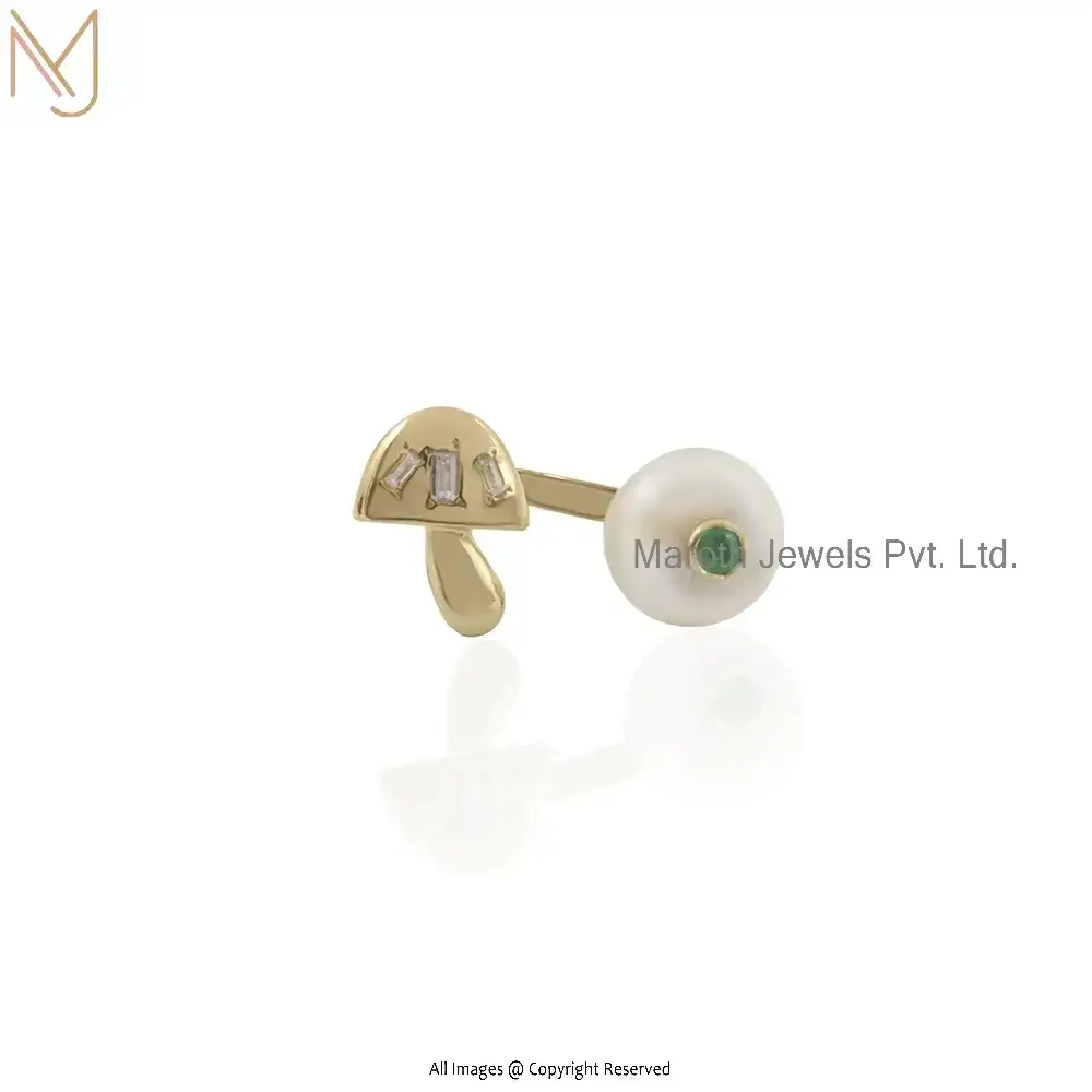 Private Label 925 Silver Yellow Gold White Topaz Baguettes & Emerald or Pearl Mushroom Cuff Ring