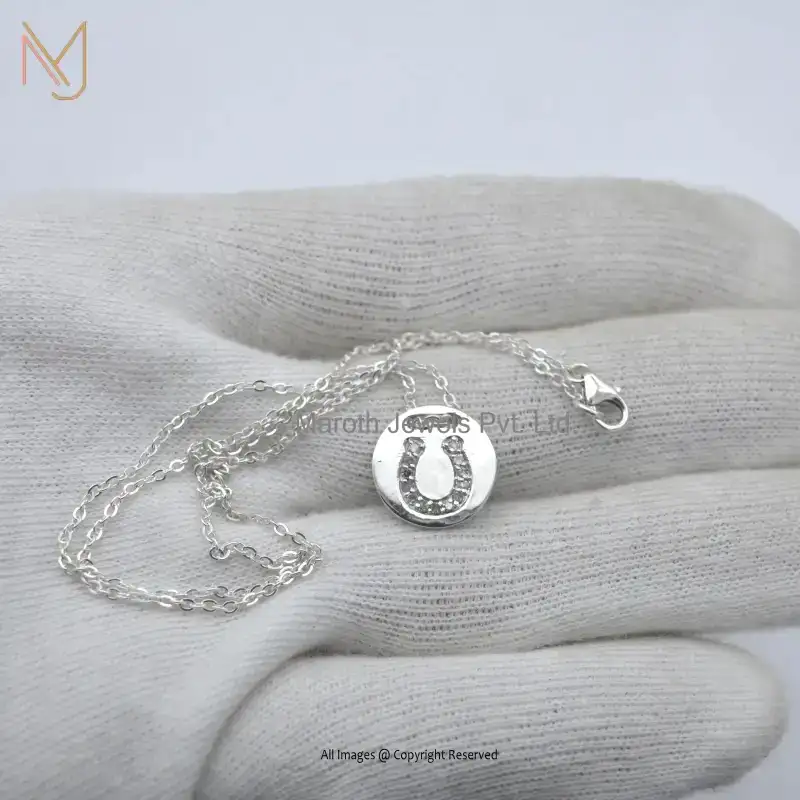 Private Lable 925 Sterling Silver White Gold Plated Horseshoes Pave Diamond Disc Pendant Jewelry