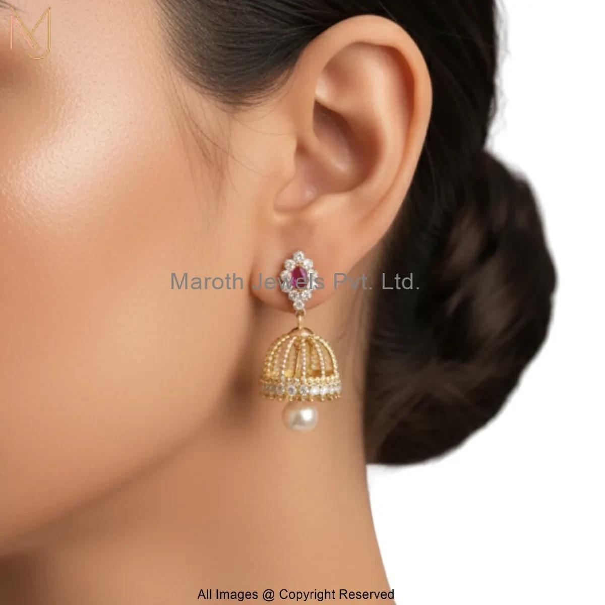 925 Silver Yellow Gold Plated Cubic Zircon Designer Jhumka Earring Custom Jewelry