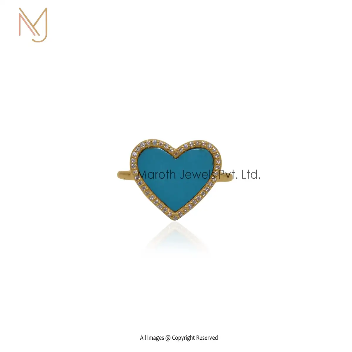 14K Yellow Gold Turquoise CZ Heart Ring Manufacturer