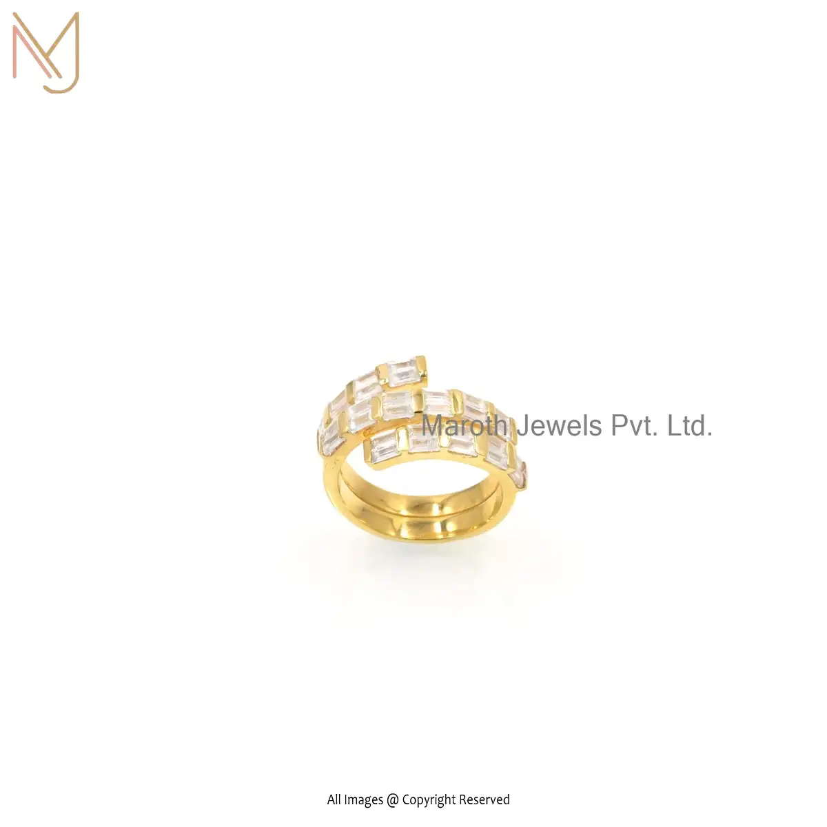 925 Sterling Silver Yellow Gold Plated White Topaz Baguette Ring Jewelry Supplier