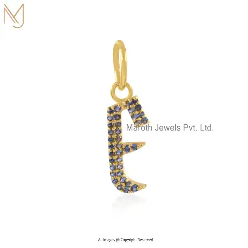 925 Silver Yellow Gold Plated Blue Sapphier Gemstone Initial Letter Pendant USA