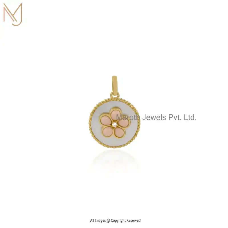 14K Yellow Gold Moonstone Pink Opal & White Cubic Zircon Gemstone Flower Disc Pendant USA