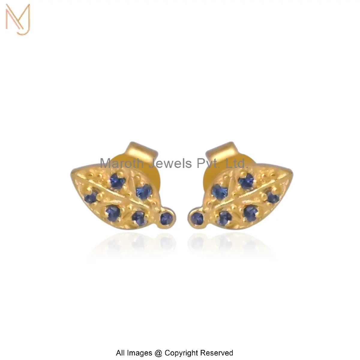 14K Yellow Gold Blue Sapphire Leaf Stud Earring Manufacturer