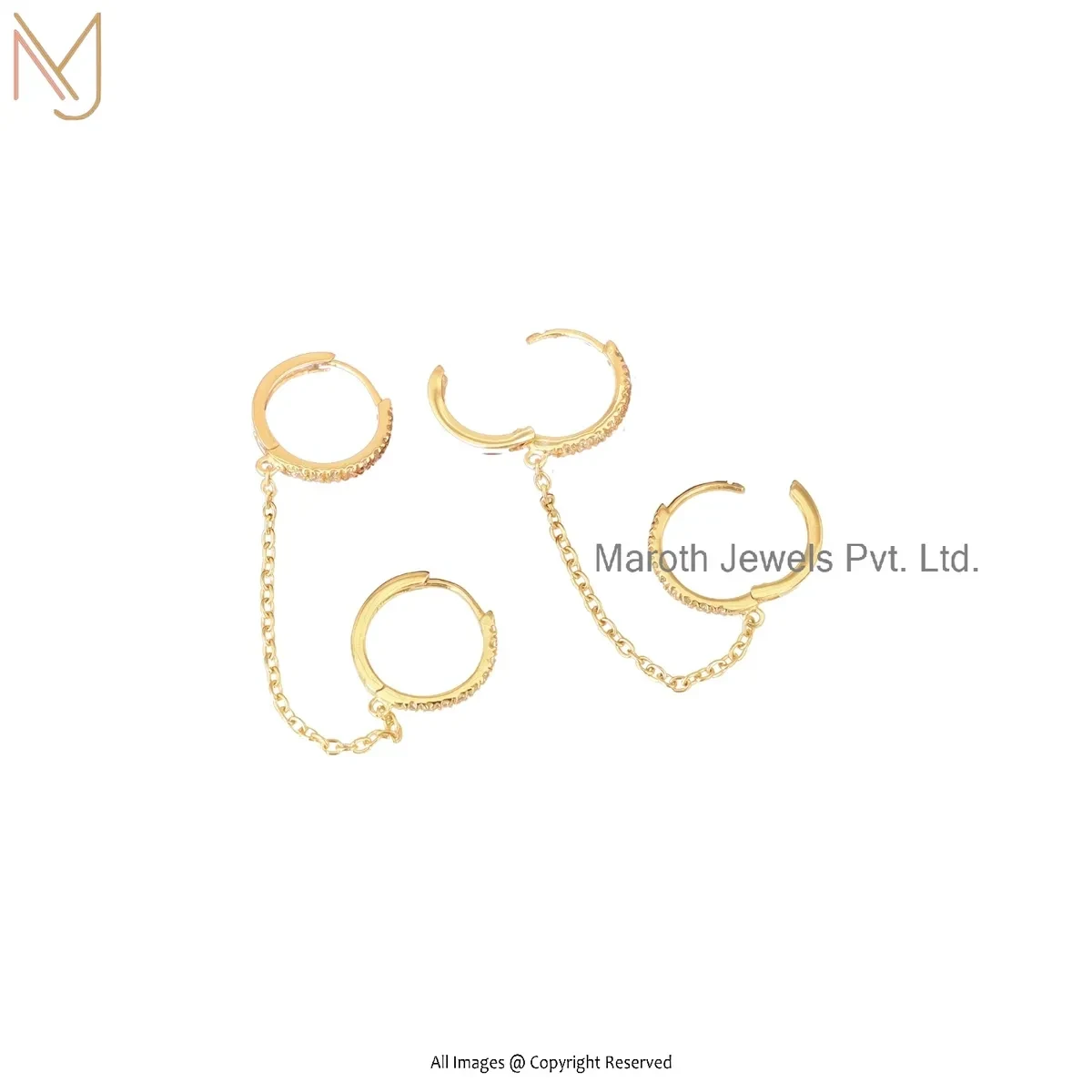 925 Sterling Sllver Yellow Gold Plated White CZ Hoop Chain Huggies Earrings USA