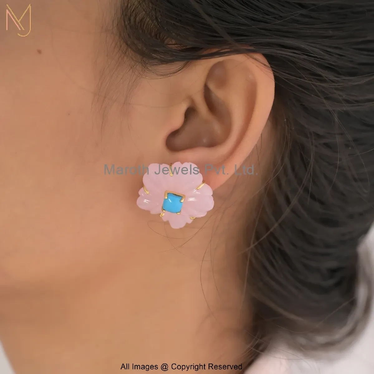 925 Silver Yellow Gold Plated Gemstone Flower Stud Earring Custom Jewelry