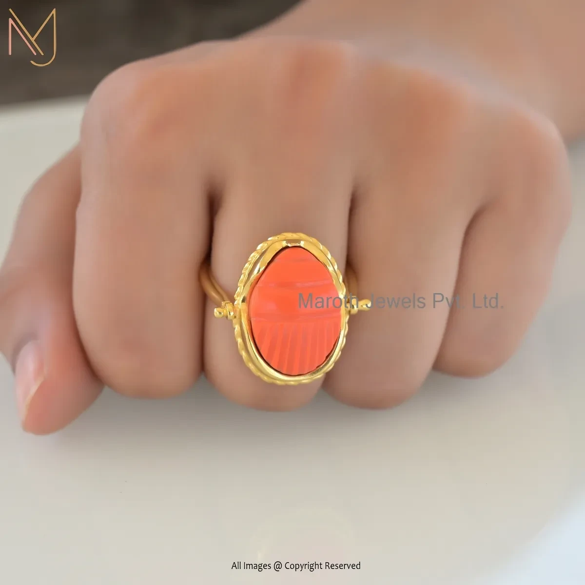 14K Yellow Gold Orange Coral Scarab Beetle Ring Custom Jewelry