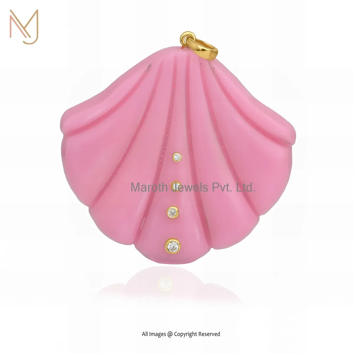 9K Yellow Gold Cubic Zircon & Pink Opal Gemstone Shell Pendant Custom Jewelry