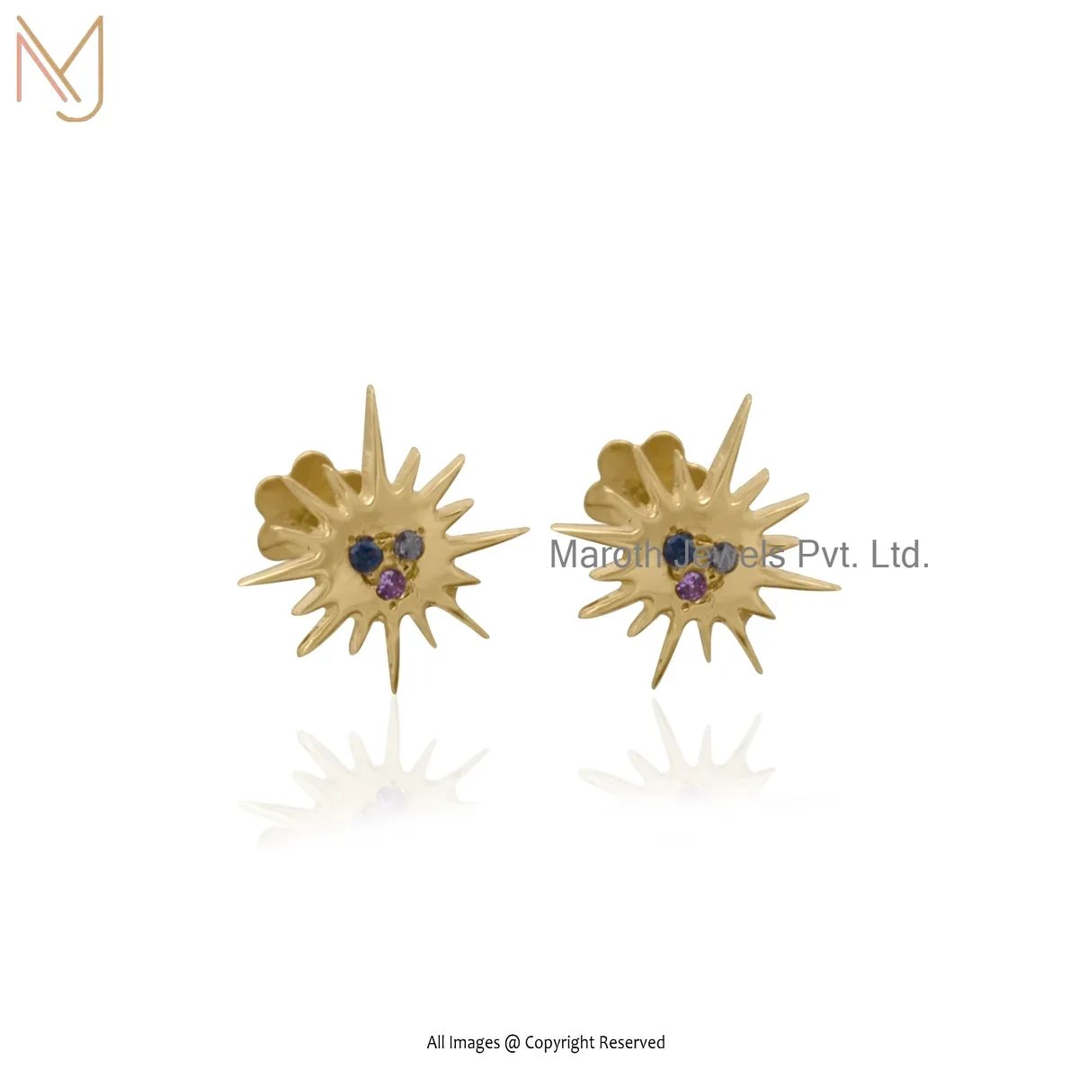 14K Yellow Gold Diamond Multi Gemstone Star Design Stud Earring Custom Jewelry