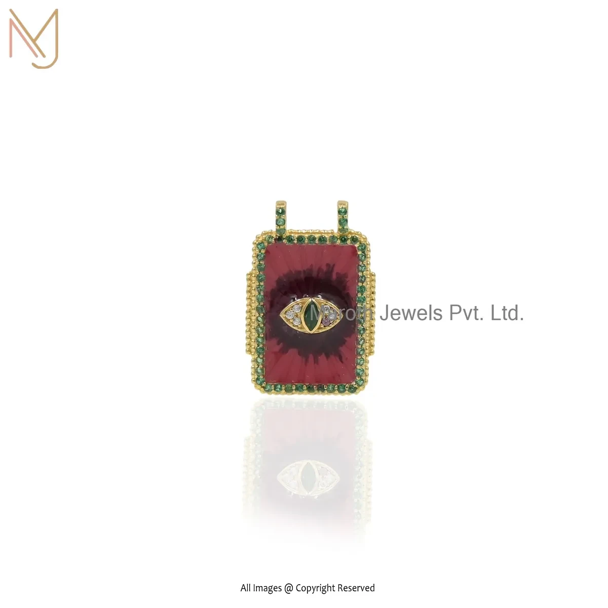 Private Lable 925 Silver Yellow Gold Plated Cubic Zircon & Enamel Gemstone Square Evil Eye Charm Pendant
