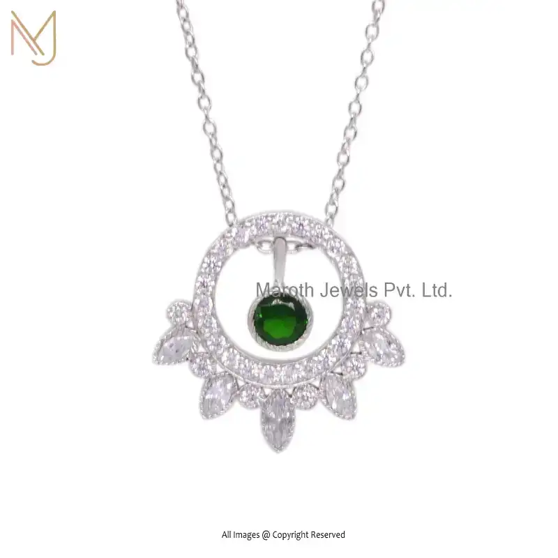 14K White Gold Diamond And Emerald Round Shape Forest Flower Pendant USA