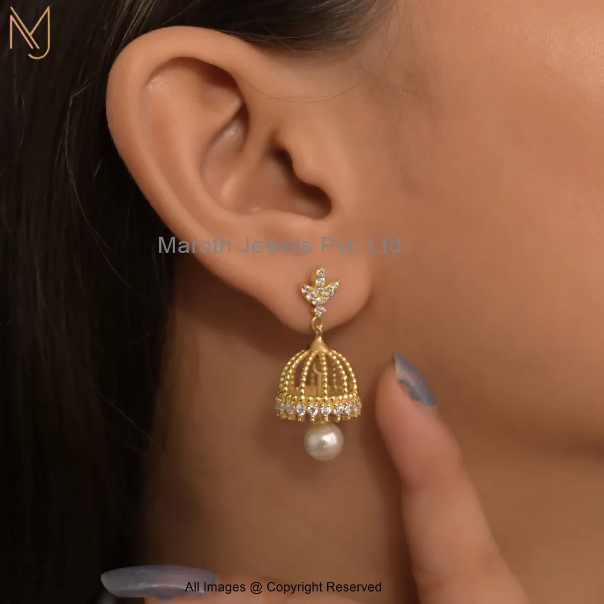 925 Silver Yellow Gold Plated Cubic Zircon Elegant Diamond Pearl Gold Jhumka Earrings Manufacturer