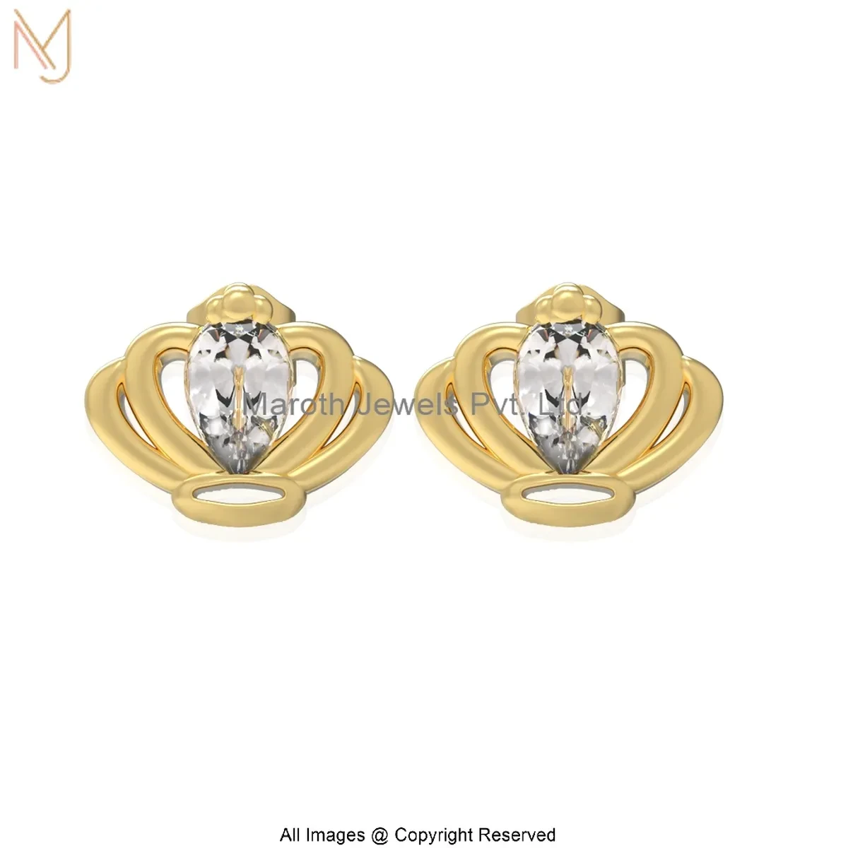 14K Yellow Gold Diamond Marquise Crown Stud Earrings Manufacturer