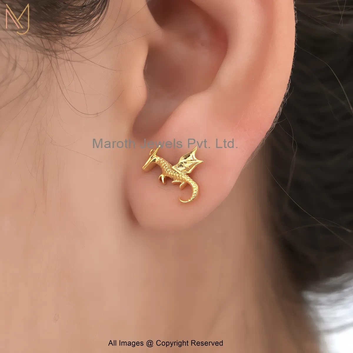 14K Solid Yellow Gold Dragon Stud Earring Custom Jewelry