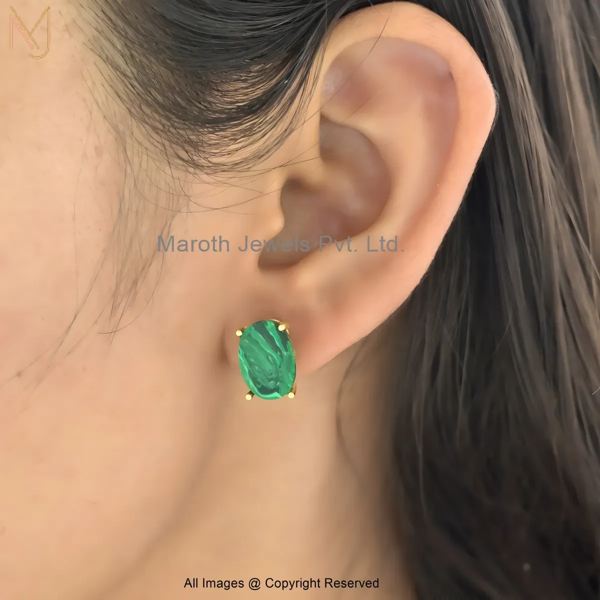 14K Yellow Gold Oval Green Malachite Stud Earrings Manufacturer